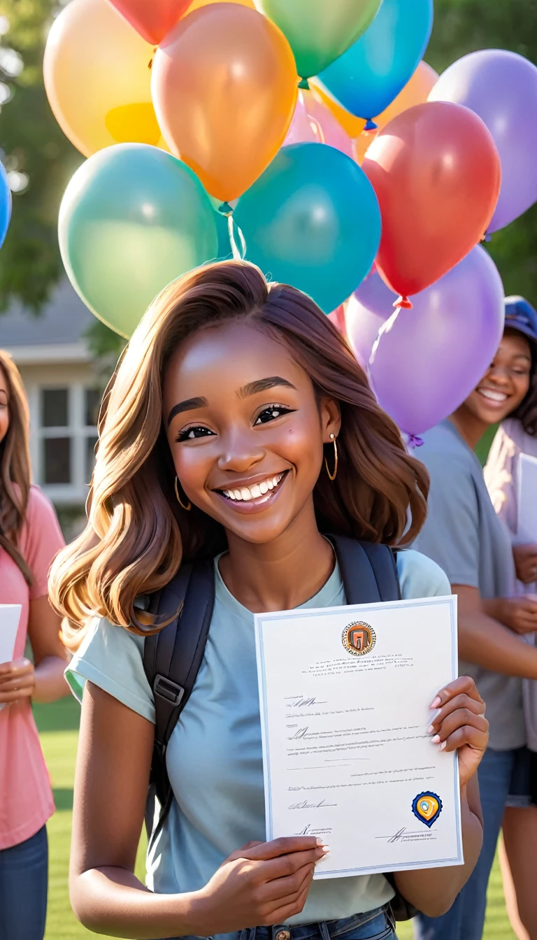A young woman holding a college acceptance letter with a beaming smile. Around her, her family hugs her and celebrates, with tears of happiness and expressions of pride. Balloons and a &#39;Congratulations&#39; banner in the background indicate the celebration