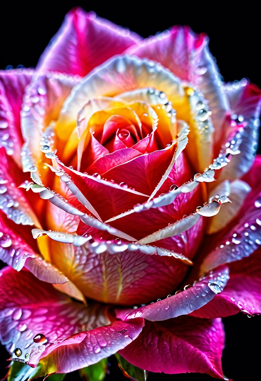 Macro Photography,a rose,shining starlight,Simple background,Dark background,Extreme Detail,UHD,8K,Studio Lighting,Professional Photography,fine art,water droplets on rose petals,