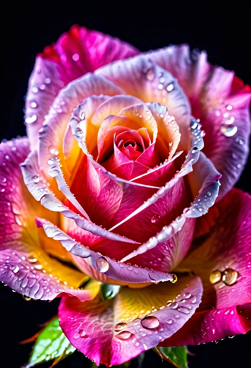 Macro Photography,a rose,shining starlight,Simple background,Dark background,Extreme Detail,UHD,8K,Studio Lighting,Professional Photography,fine art,water droplets on rose petals,