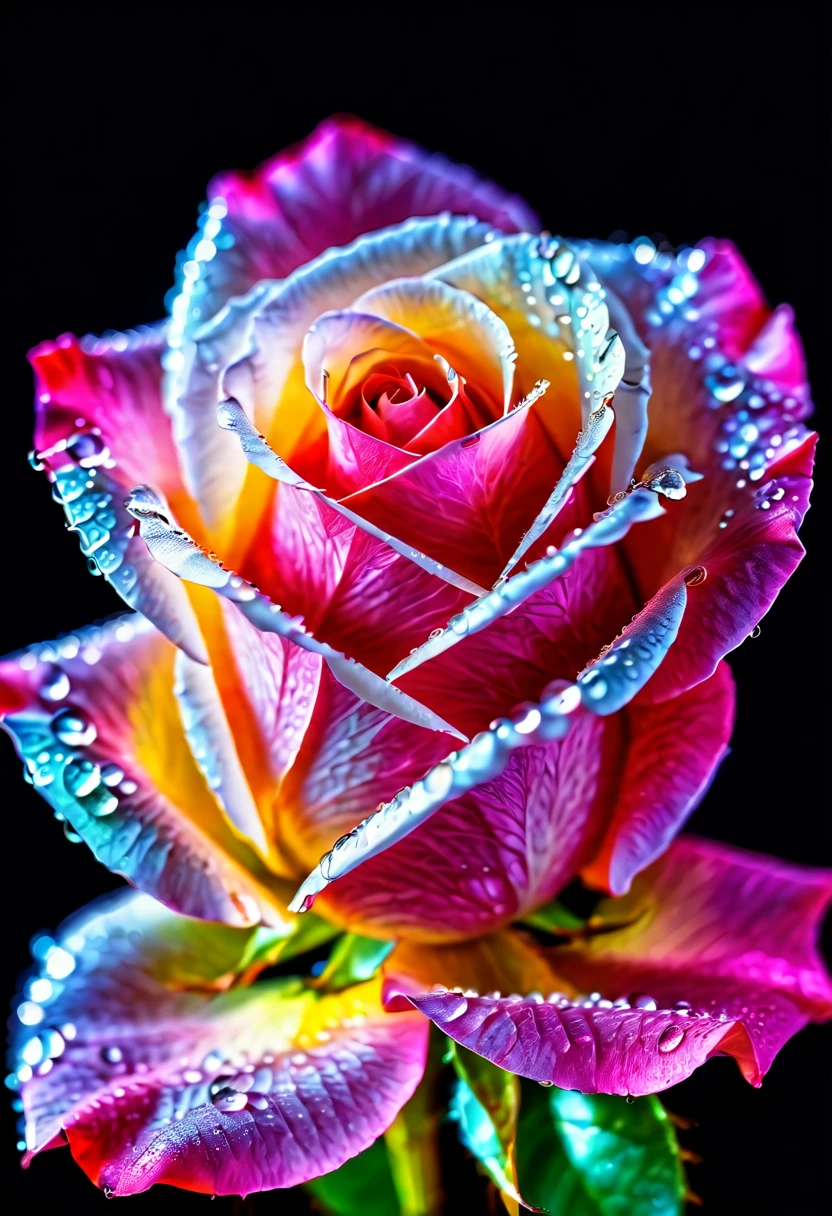 Macro Photography,a rose,shining starlight,Simple background,Dark background,Extreme Detail,UHD,8K,Studio Lighting,Professional Photography,fine art,water droplets on rose petals,