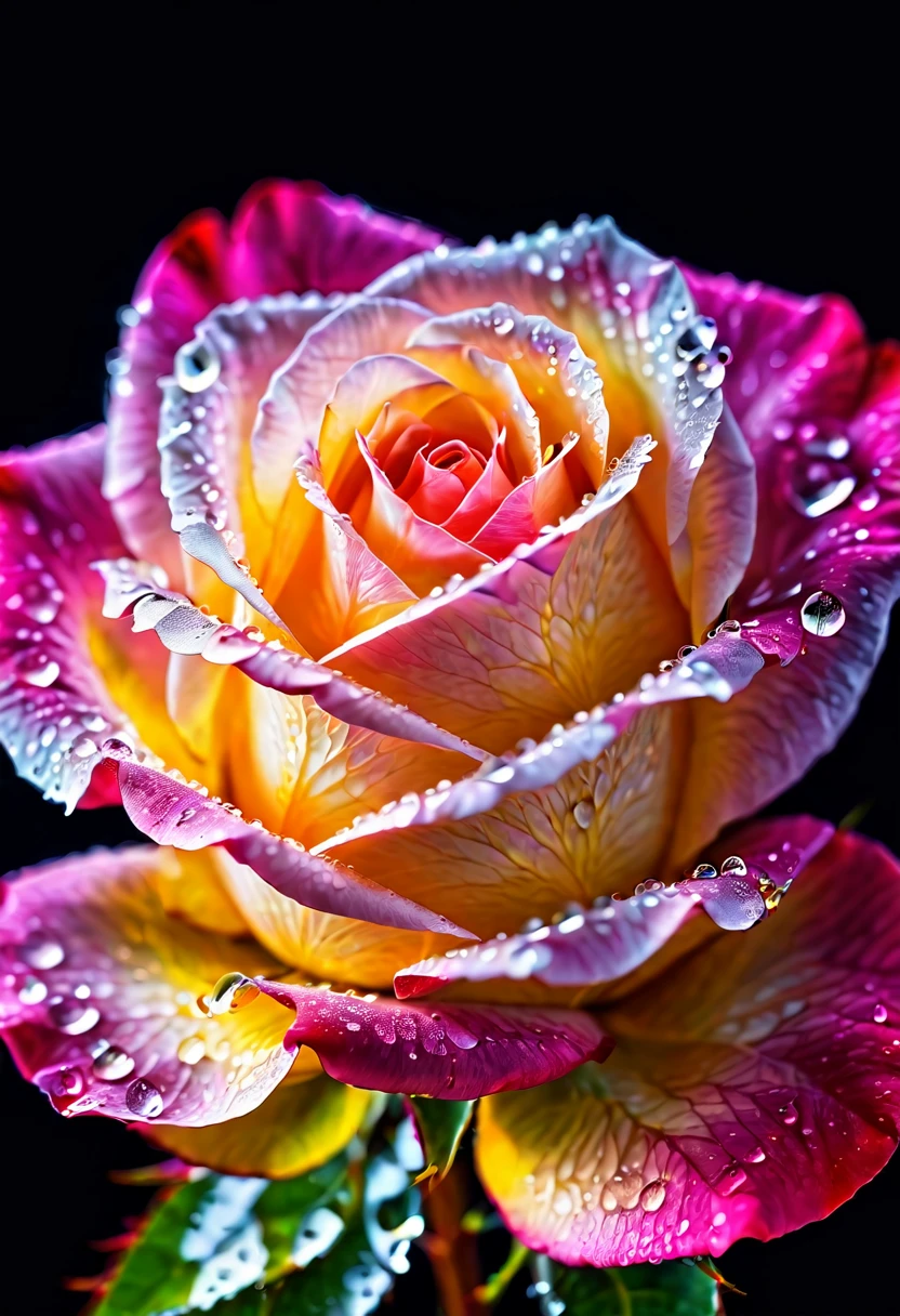 Macro Photography,a rose,shining starlight,Simple background,Dark background,Extreme Detail,UHD,8K,Studio Lighting,Professional Photography,fine art,water droplets on rose petals,