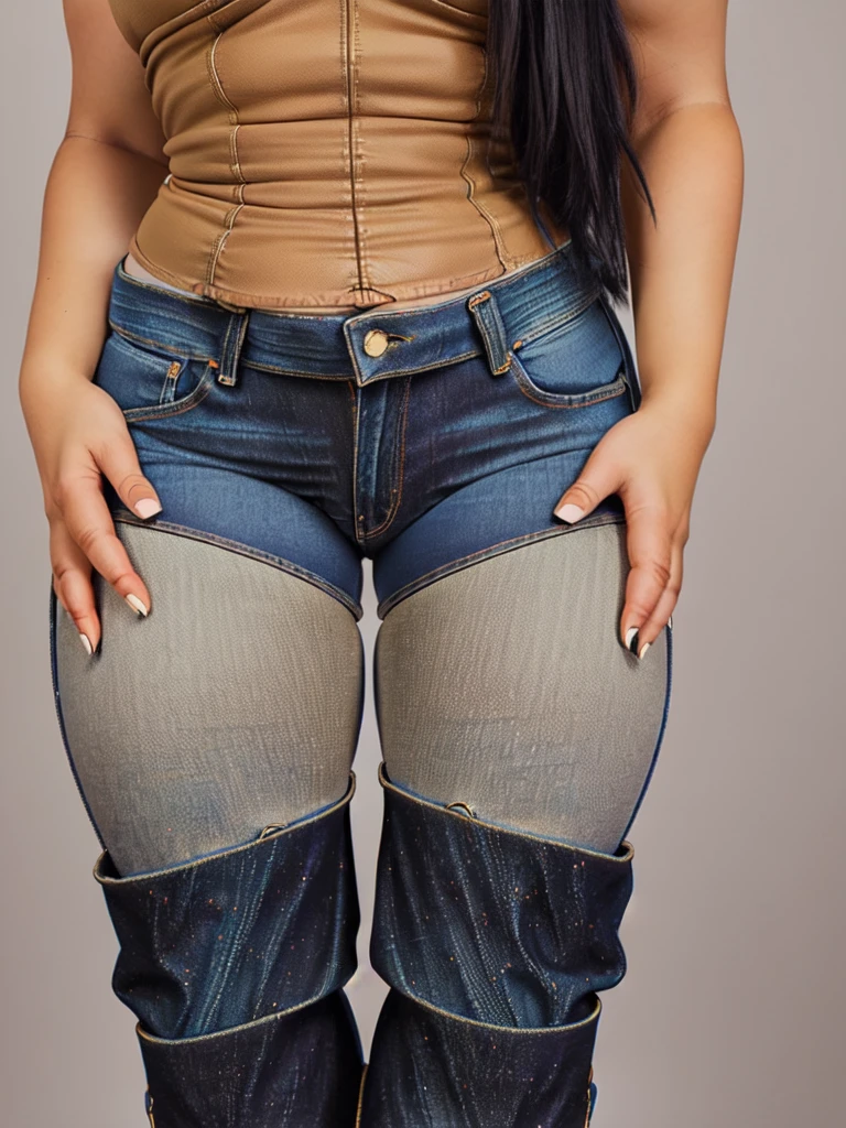 (Curvy:1.8), latina, (one person), (straight black hair), (wearing skin tight jeans:1.4), (thigh high boots:1.4), (tan skin:1.4, (wide hips), (thick thighs:1.6)