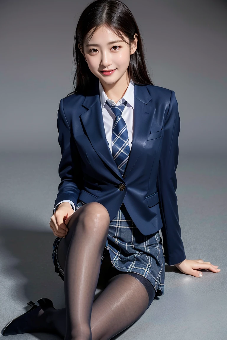 (8k), (best quality: 1.2), (realistic), (realistic: 1.37), ultra high resolution, (1 girl), cute, blush,embarrassed smile, beautiful details, beautiful nose, wet hair, huge two cells, pork, thighs,Self Snap,college ,(Simple navy blue blazer:1.4),(pleated skirt:1.2),(The skirt and tie are in a gray tartan check pattern..:1.3),(seat:1), sit on the floor,(hold my feet:1),(shiny pantyhose:1.2),in front,knee