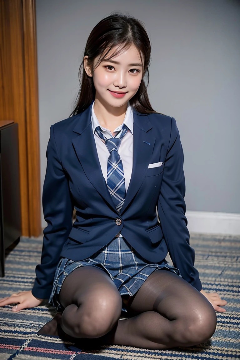 (8k), (best quality: 1.2), (realistic), (realistic: 1.37), ultra high resolution, (1 girl), cute, blush,embarrassed smile, beautiful details, beautiful nose, wet hair, huge two cells, pork, thighs,Self Snap,college ,(Simple navy blue blazer:1.4),(pleated skirt:1.2),(The skirt and tie are in a gray tartan check pattern..:1.3),(seat:1), sit on the floor,(hold my feet:1),(shiny pantyhose:1.2),in front,knee