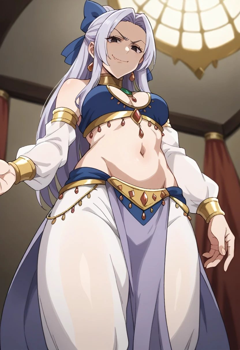 score_9, score_8_up, score_7_up, source_anime, masterpiece, jericho7, 1girl, lavender hair, hair bow, brown eyes, arabian dancer outfit, belly dancer clothes, from below, evil smirk, shaded face, looking at viewer, indoors, 