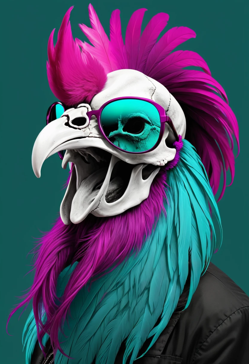 rooster skull.  wearing dark sunglasses and a long beard.  colors of bright magenta, black and turquoise 