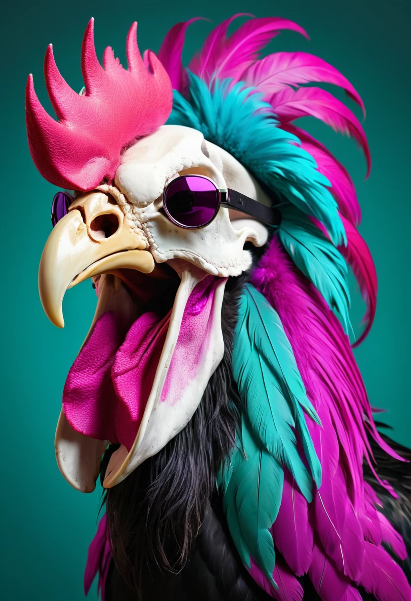 rooster skull.  wearing dark sunglasses and a long beard.  colors of bright magenta, black and turquoise 