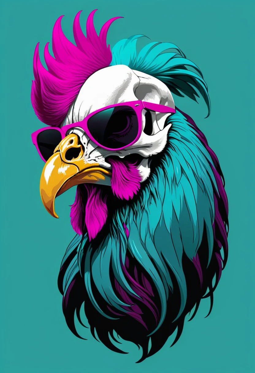 rooster skull.  wearing dark sunglasses and a long beard.  colors of bright magenta, black and turquoise 