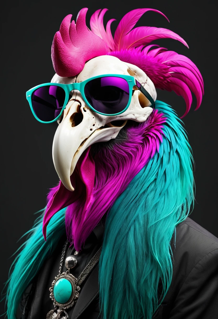 rooster skull.  wearing dark sunglasses and a long beard.  colors of bright magenta, black and turquoise 