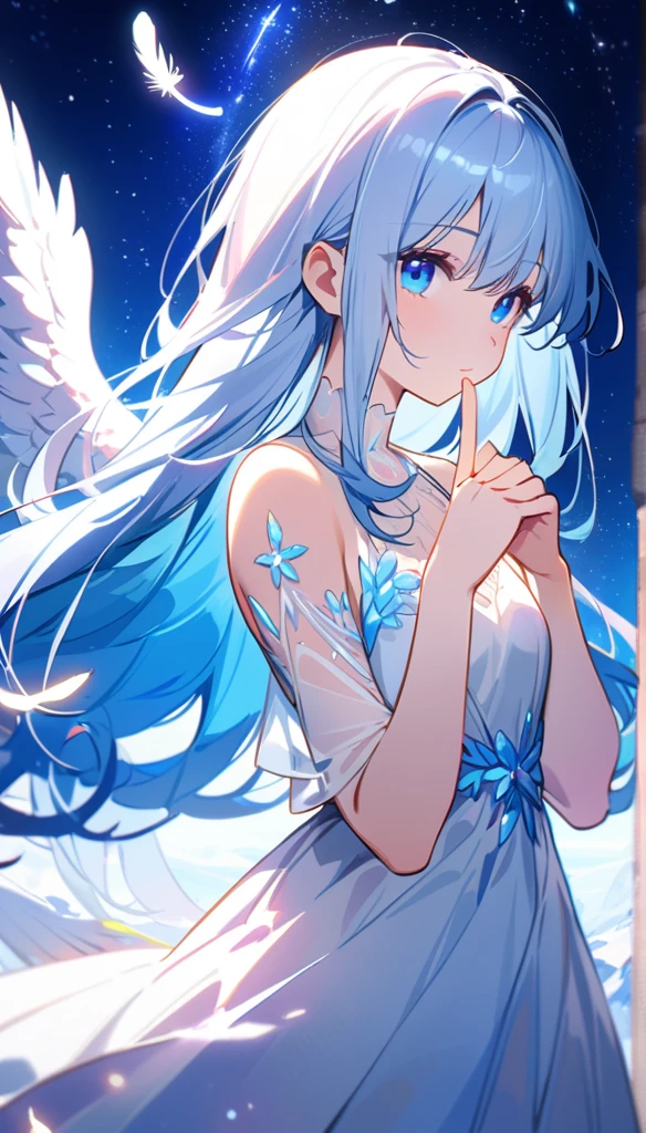 (best quality:1.2),(hands finger 5 digits:1.3),(extremely delicate and beautiful:1.3),(detailed ultra detailed:1.2),(scenery clear details:1.2),(scenery crystal clear :1.2),(solo),(blue eyes),(long white long hair),(white dress),(angel wings),(floating white feathers,starry sky),(clusters of stars,starry sky),(glinting stars),(solo),(long silver long hair),(best quality:1.2),(hands finger 5 digits:1.3),(extremely delicate and beautiful:1.3),(detailed ultra detailed:1.2),(scenery clear details:1.2),