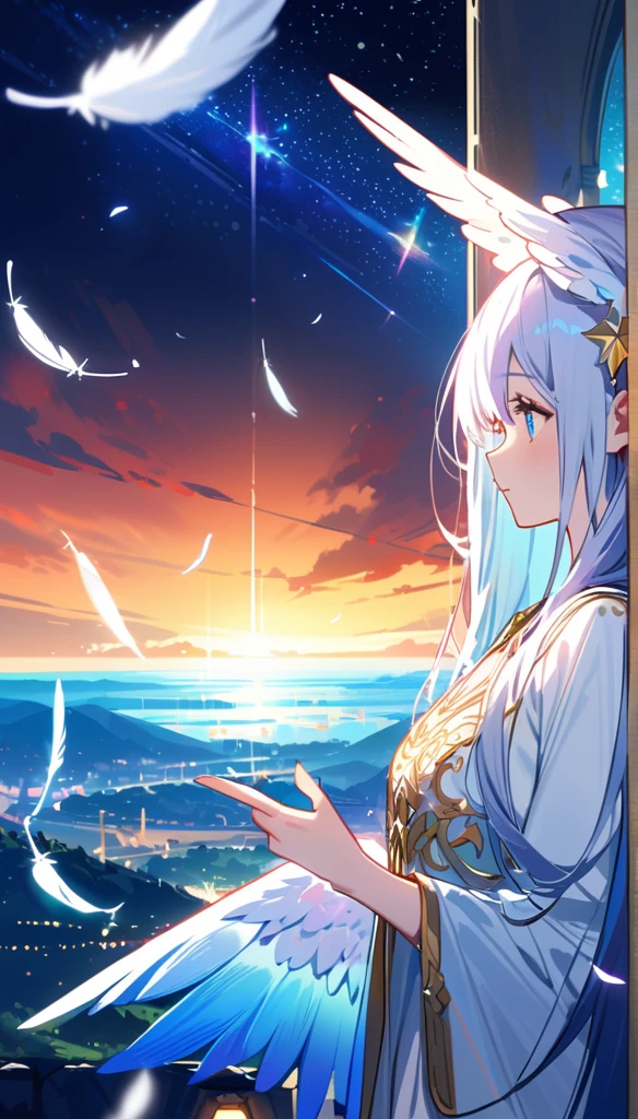 (best quality:1.2),(hands finger 5 digits:1.3),(extremely delicate and beautiful:1.3),(detailed ultra detailed:1.2),(scenery clear details:1.2),(scenery crystal clear :1.2),(solo),(blue eyes),(long white long hair),(white dress),(angel wings),(floating white feathers,starry sky),(clusters of stars,starry sky),(glinting stars),(solo),(long silver long hair),(best quality:1.2),(hands finger 5 digits:1.3),(extremely delicate and beautiful:1.3),(detailed ultra detailed:1.2),(scenery clear details:1.2),