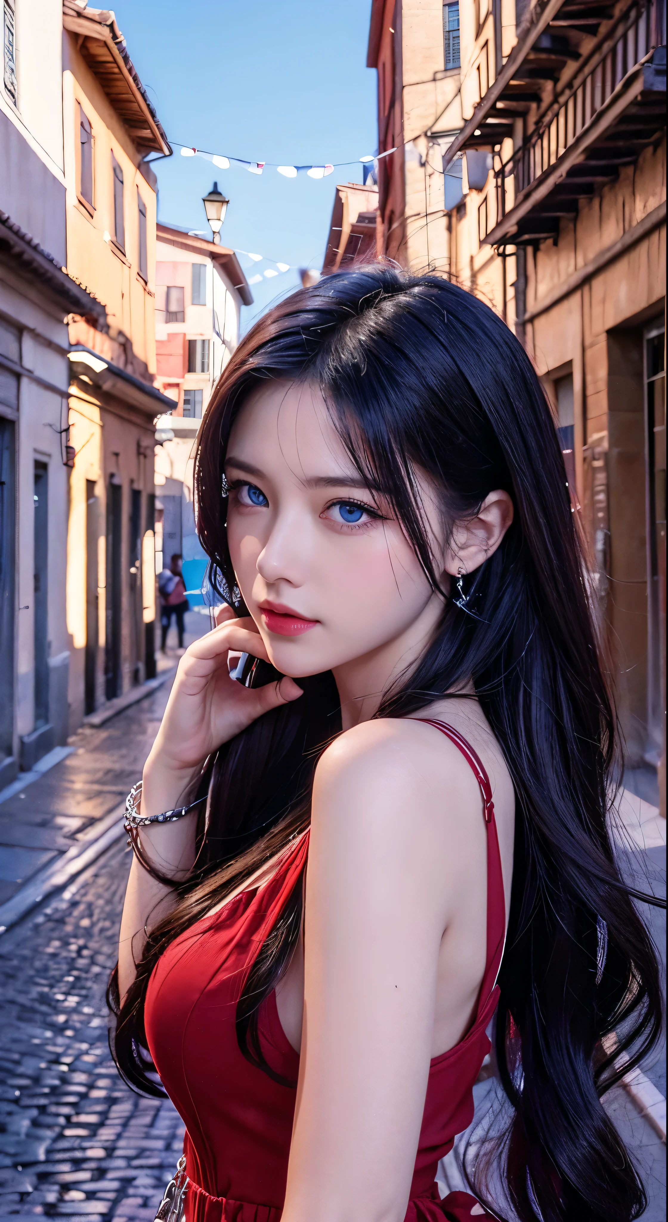 Rome、(Realistic)、Watercolor、Highest quality、Dynamic Colors、a lot of people、Fountain square、Character Portraits、blue eyes、　Near the spring、landscape、Clear skies、Red color、Chain connected to a ring、Digital Painting、Ultra-high resolution