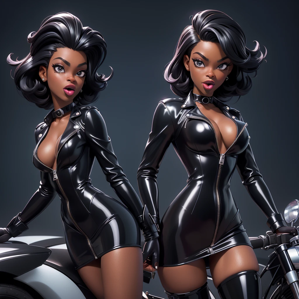 obra prima, melhor qualidade, ((one woman only,)) ((azealia banks, dark black skin, bleach blonde bob hair, shiny pearl lipstick,)) head back, ((sexy sultry wicked look, open mouth, pucker mouth,)) ((wearing shiny pvc biker blazer,)) ((jacket is unzipped and wide open, small breasts, nip slip,)) jacket has padded puff shoulders, shiny leather gloves, ((shiny leather micro mini pvc skirt,)) body is skinny, shiny tight buttocks, ((in luxury convertible, sexy tongue kissing, stick shift between legs,)) (camera view of whole body,) looking up at me, shallow depth of field, highres, HD, 8k, anatomically correct