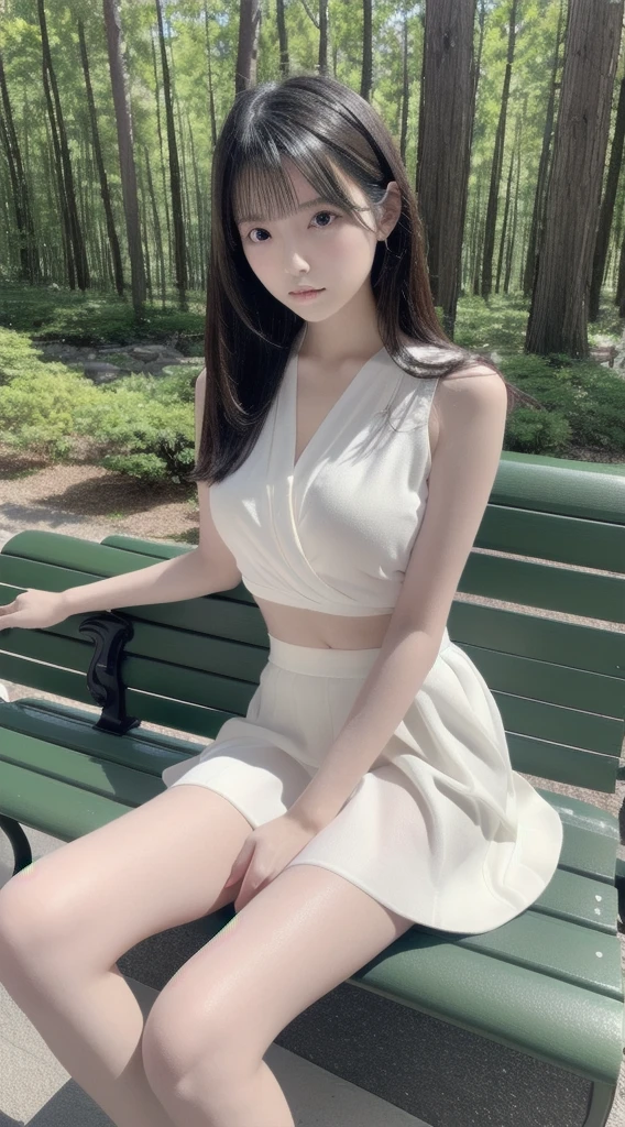 (Best Quality, masutepiece, Ultra HD: 1.3), 1girl in, (middlebreasts), light brown hair, Asymmetrical hair, straight haired, Long hair,( slender body shape, Constricted waist),(Ultra Fine Face), Delicate lips, (beautidful eyes), thin blush, eyes are brown, perfect glossy skin,View here, ( hide one's hands),(Sitting on a bench),(thin and long legs, Thighs and toes:1.5), See-through white blouse, White tight skirt,(White pumps), (a japanese girl,hposing Gravure Idol),Broad-leaved forest