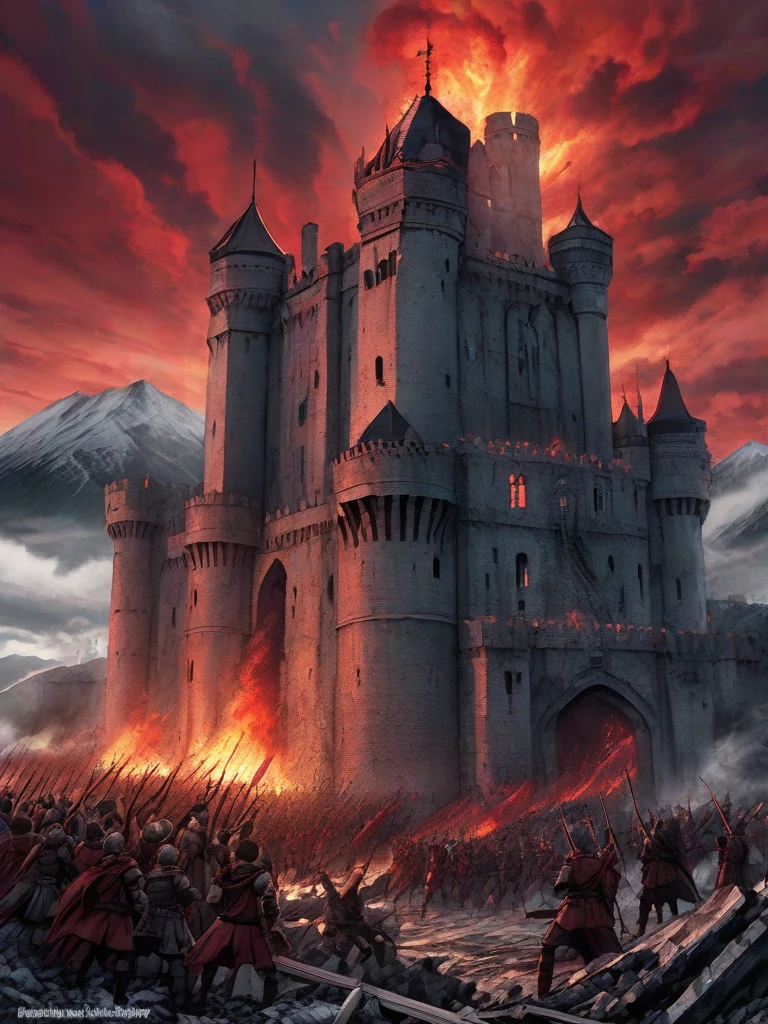 a destroyed castle, an army cheering for their victory, Berserk style, style of Kentaro Miura, monochromatic, manga, red sky, very grimy, very gloomy, extreme detailed, highest detailed, storm in the sky, fire around, mountains in the background, towers in ruin, steampunk