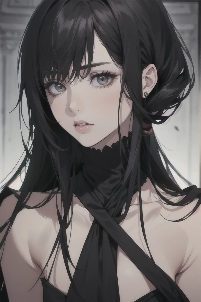 midjourney, ((best quality)), ((masterpiece)), (detailed), perfect face, lean female wearing black dress. Sharp nose, rosey lips, beautiful female. mature features. ((black hair, long hair)), (Dark gray eyes)), depth of field, pale white skin, dark circles under eyes, tired expression, vivid colors. Elegant. Black dark dress.
