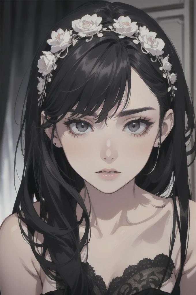 midjourney, ((best quality)), ((masterpiece)), (detailed), perfect face, lean female wearing black dress. Sharp nose, rosey lips, beautiful female. mature features. ((black hair, long hair)), (Dark gray eyes)), depth of field, pale white skin, dark circles under eyes, tired expression, vivid colors. Elegant. Black dark dress.