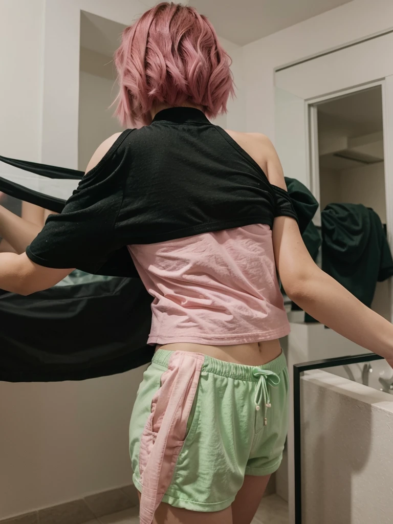 girl, , short shoulder-length hair, pink hair color, green shorts, black top