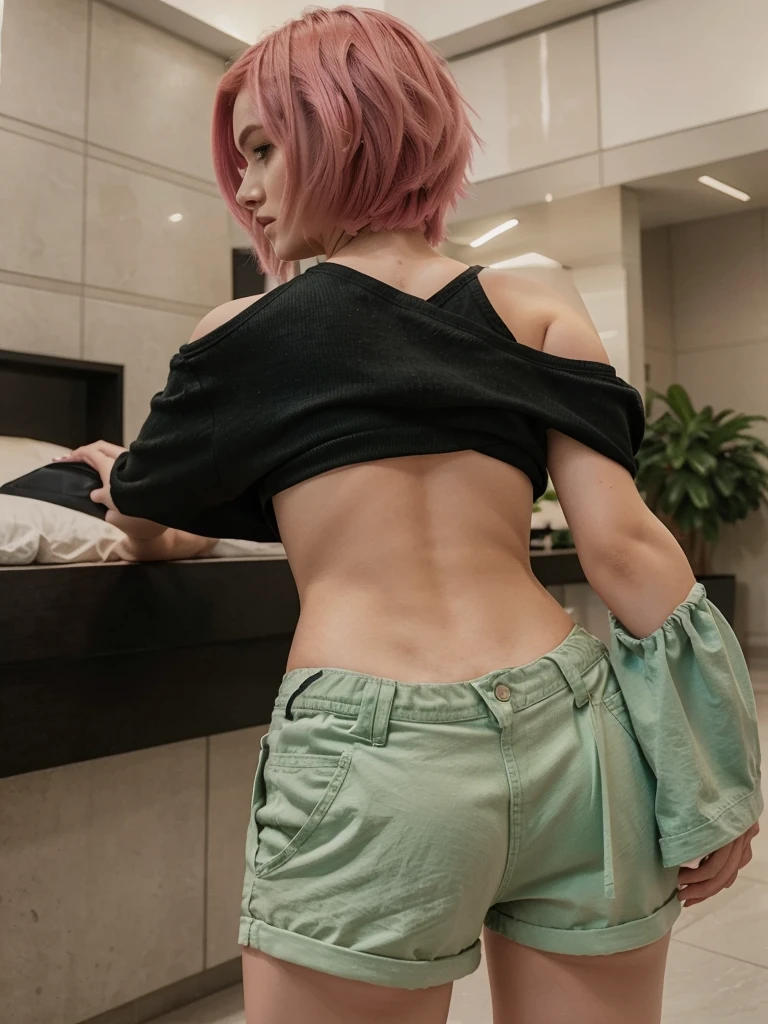 girl, , short shoulder-length hair, pink hair color,  green shorts, black top