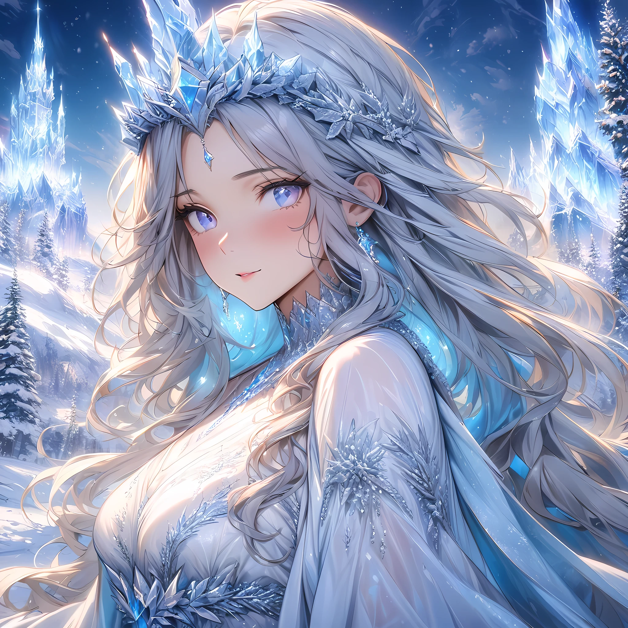 (masterpiece), best quality, expressive eyes, perfect face,(best quality,4k,8k,highres,masterpiece:1.2),ultra-detailed,snowy landscape,ice princess,mature woman,wavy hair,blue eyes,sparkling snowflakes,moonlit night,crystal crown,icy breath,frosty lashes,glistening skin,ethereal beauty,frozen eyelashes,illuminated ice sculptures,snow-covered trees,shimmering aurora borealis,quiet footsteps on the snow,serene expression,icy blue gown,glowing snow,land of tranquility,subtle winter colors,subzero temperatures,gusts of wind,deep serenity,enchanted winter kingdom