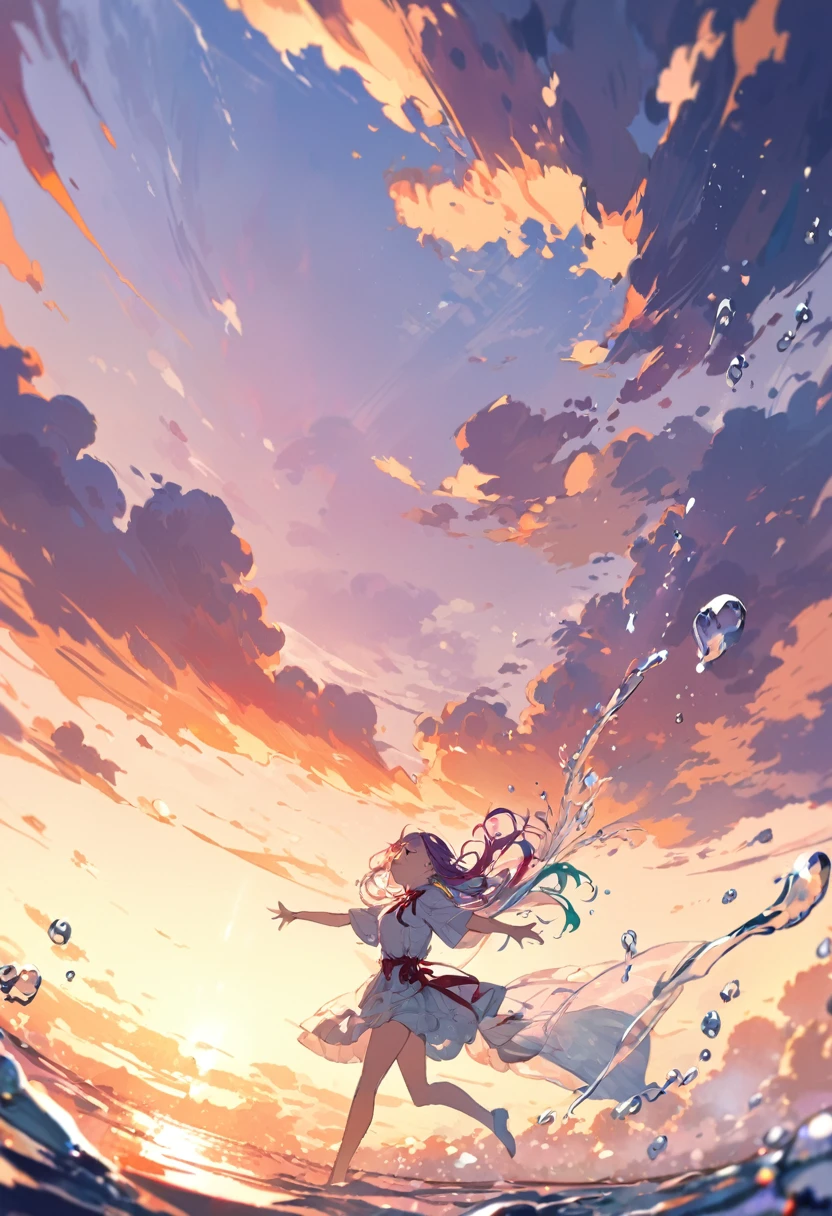 1.5),(1 girl),(dynamic pose),(multicolored hair+silver hair:1.3+red hair:1.2+purple hair+yellow hair:1.3+green hair:1.3),(blue eyes),(neck ribbon),(floating),(cloud),(too many drops of water),(twilight),(watercolor),(wide shot)