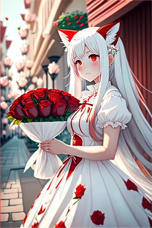 A woman in a white dress with red roses in her hair, anime Cosplay, anime girl Cosplay, Cosplay photo, A mix of anime style and Fujifilm, Cosplay, White-haired God, Beautiful fox woman, Cosplayer, White cat lady, Girl Silver Hair, nekomimi, Real life anime girls, ayaka Cosplay, Shirahime cut hairstyle