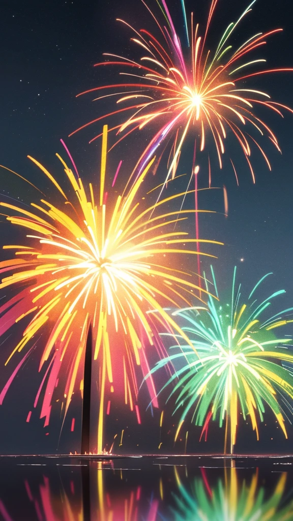 Create an image of a vibrant fireworks display against a night sky, with multiple bursts of different colors such as blue, pink, green, and yellow. The fireworks should be in various stages of explosion to show a dynamic range. Include reflections on a body of water below to enhance the visual effect.