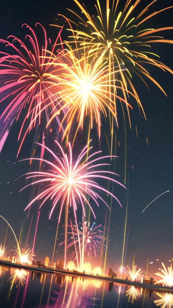 Create an image of a vibrant fireworks display against a night sky, with multiple bursts of different colors such as blue, pink, green, and yellow. The fireworks should be in various stages of explosion to show a dynamic range. Include reflections on a body of water below to enhance the visual effect.