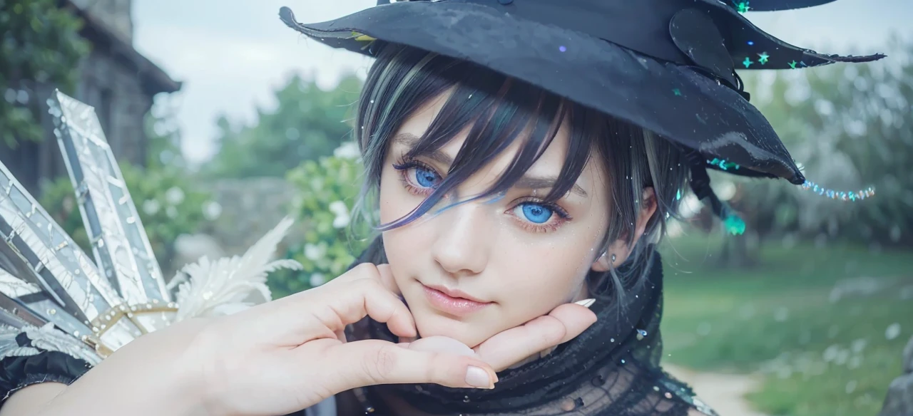 (masterpiece), (work of art), (amazing work), (detailed eyes), (delicate skin), (heterochromatic eyes), (multicolored), (short white hair with bangs), (sparkling eyes), (1girl) with witch's hat, ancient, old, wearing extravagant medieval clothes, masterpiece, best quality, best desinger, best illustration