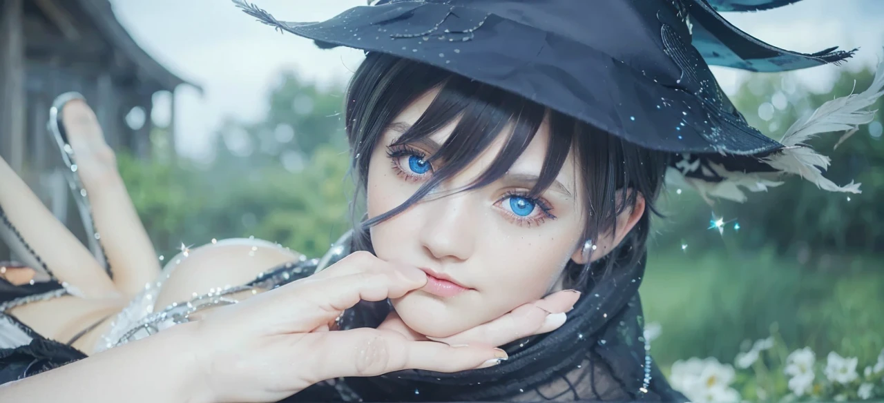 (masterpiece), (work of art), (amazing work), (detailed eyes), (delicate skin), (heterochromatic eyes), (multicolored), (short white hair with bangs), (sparkling eyes), (1girl) with witch's hat, ancient, old, wearing extravagant medieval clothes, masterpiece, best quality, best desinger, best illustration