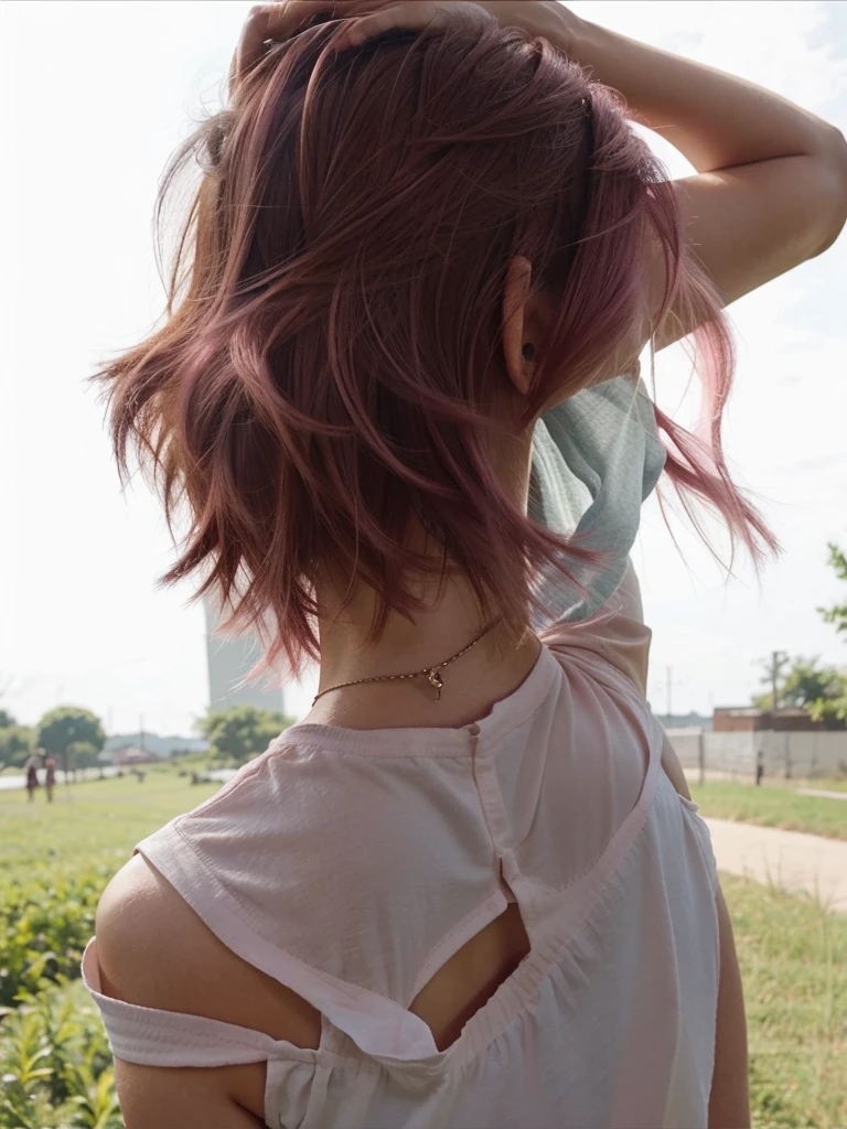 girl, , short shoulder-length hair, pink hair color, 