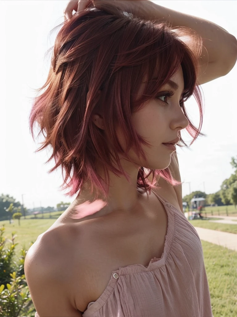 girl, , short shoulder-length hair, pink hair color, 