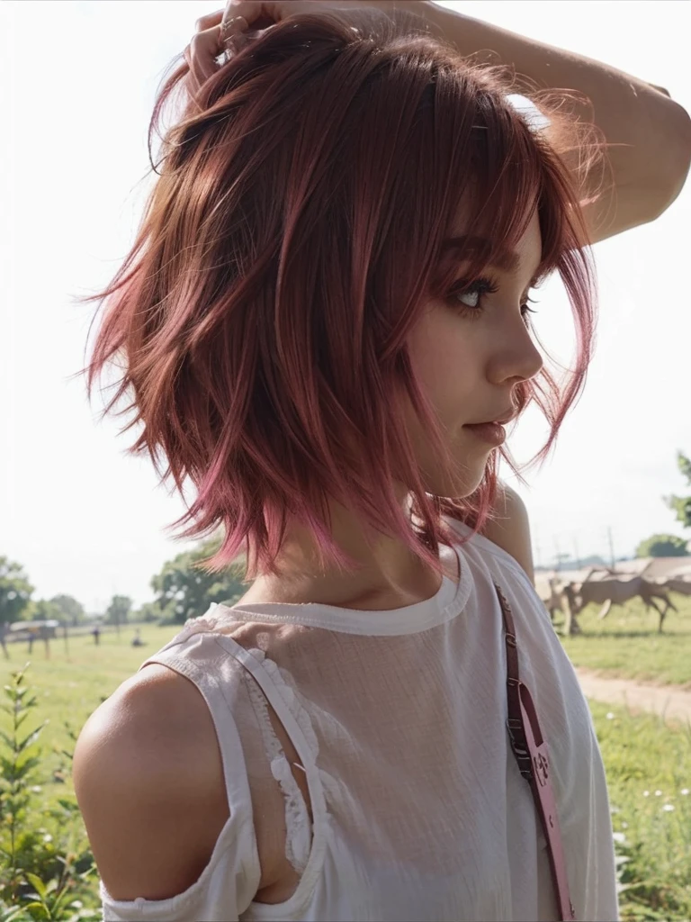 girl, , short shoulder-length hair, pink hair color,