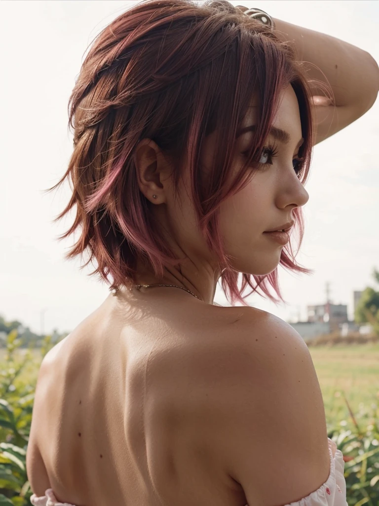 girl, , short shoulder-length hair, pink hair color,