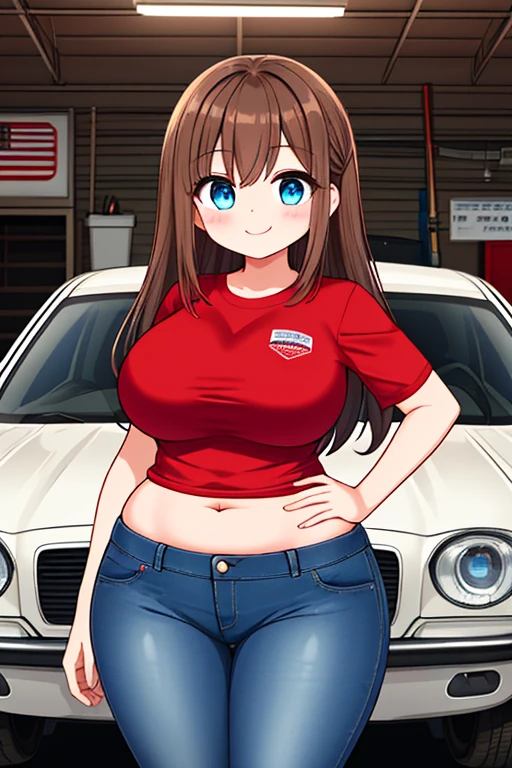 A Cute Young Woman, She has Long Lush Straight Brown Hair, Beautiful Blue Eyes, Big Breasts, Thicc Thighs, Super Wide hips, and a slightly Muscular Body. She is wearing a Plain Red Shirt, and Blue Jeans. Standing in a Mechanic Shop, cute smile, She has a little dirt on her face and clothes from working on cars,