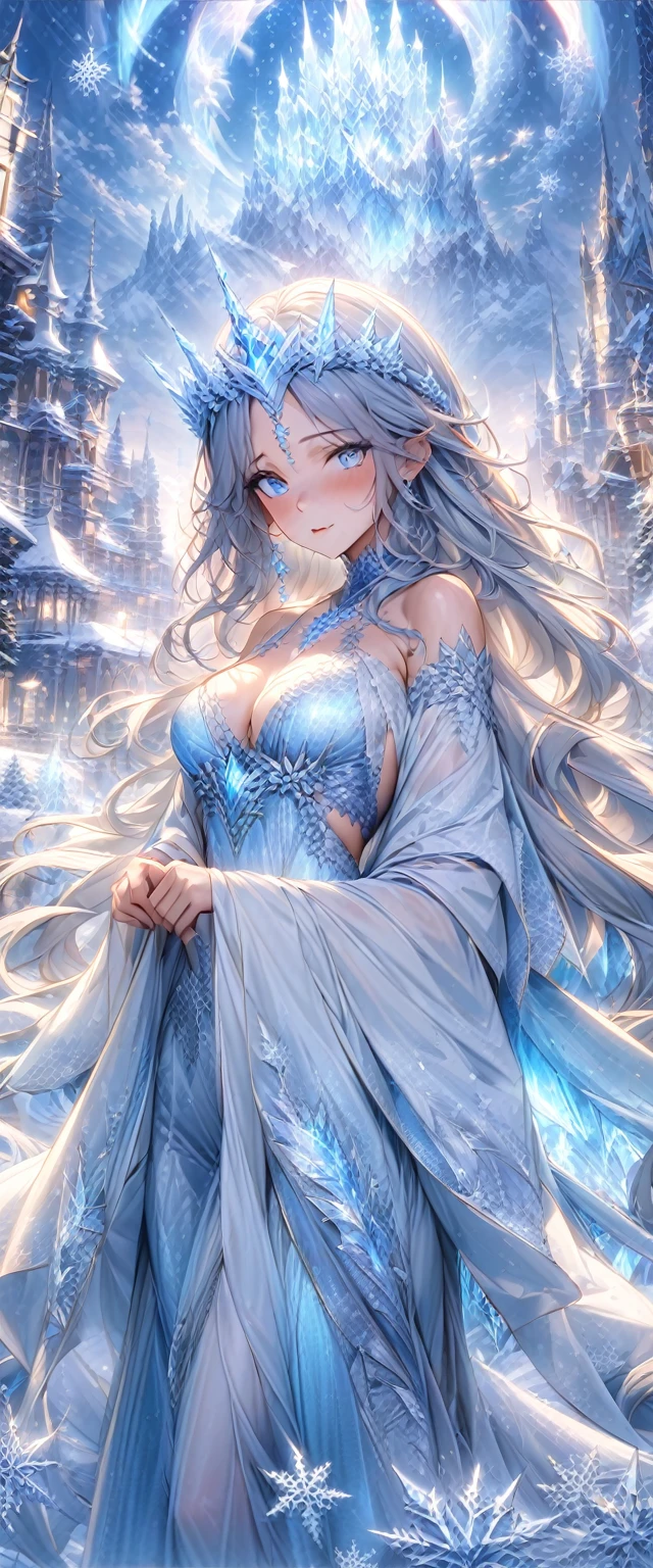 (masterpiece), best quality, expressive eyes, perfect face,(best quality,4k,8k,highres,masterpiece:1.2),ultra-detailed,snowy landscape,ice princess,mature woman,wavy hair,blue eyes,sparkling snowflakes,moonlit night,crystal crown,icy breath,frosty lashes,glistening skin,ethereal beauty,frozen eyelashes,illuminated ice sculptures,snow-covered trees,shimmering aurora borealis,quiet footsteps on the snow,serene expression,icy blue gown,glowing snow,land of tranquility,subtle winter colors,subzero temperatures,gusts of wind,deep serenity,enchanted winter kingdom,full body