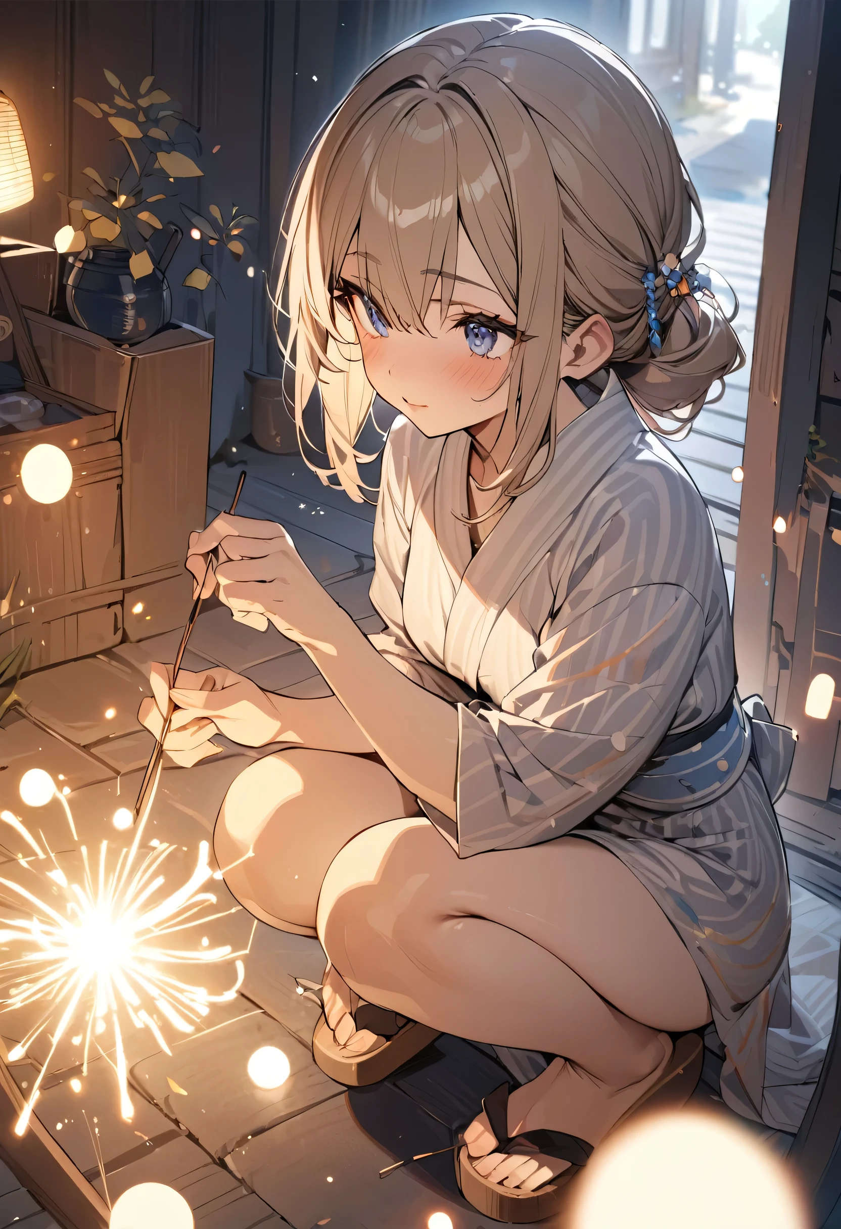 concept is summer,one girl,short straight gold hair,wearing Yukata,She's wearing a thick-bottomed clog with cute decorations,She is squatting down and pinching the 1 sparklers with one hand,The fantastic sparkle of sparklers, beautiful sparks,(((masterpiece))), (((best quality))), ((ultra-detailed)), (illustration), (detailed light),((an extremely delicate and beautiful)),(beautiful detailed eyes),