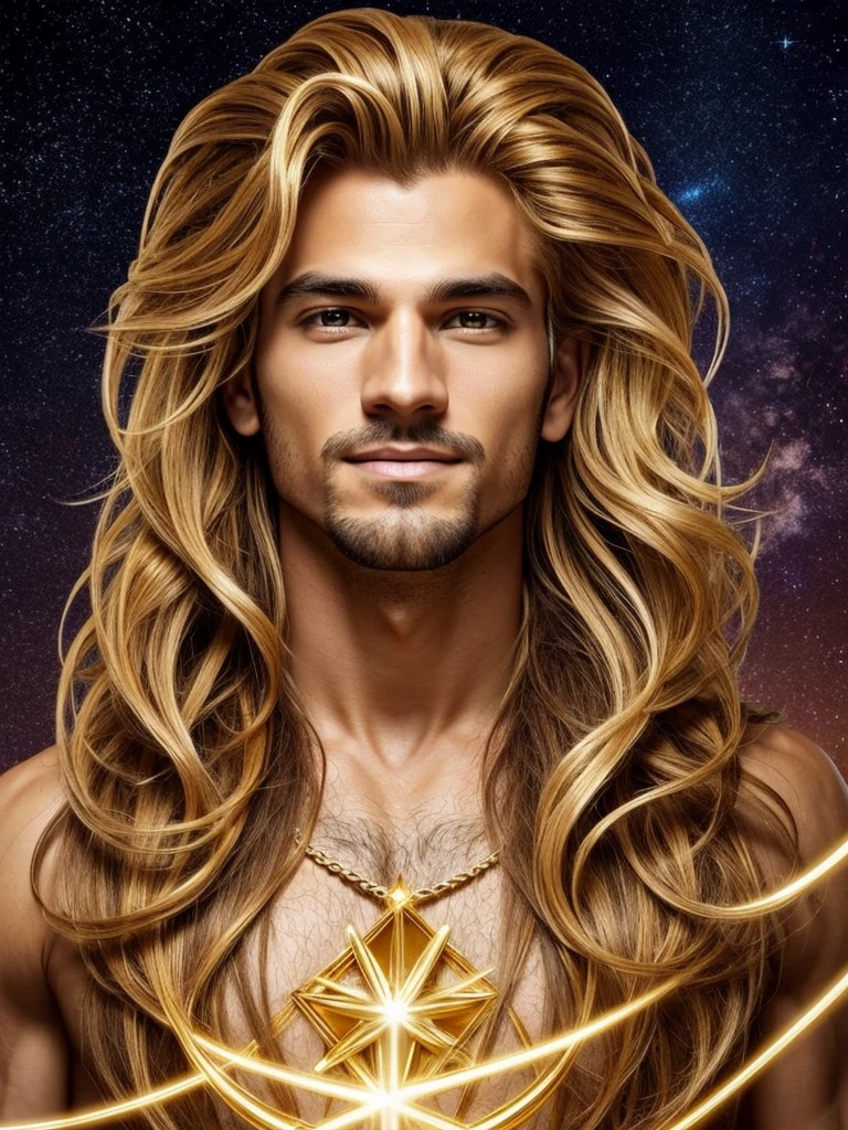 Create a man with unique characteristics, inspired by the sign of Leo and the cosmological stars An artistic representation of the essence of this sign, with striking features and a mysterious aura, leave in evidence golden traces of gold and golden lights, yellowish hair like gold and a confident smile Make clear the pride of the sign of Leo in its essence with a long curly and voluminous hair as a representation of the mane