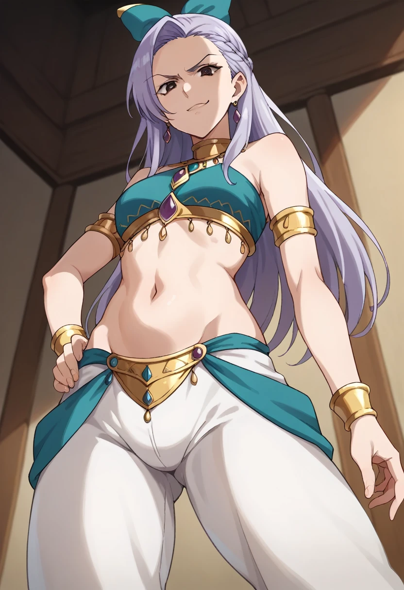 score_9, score_8_up, score_7_up, source_anime, masterpiece, jericho7, 1girl, lavender hair, hair bow, brown eyes, arabian dancer outfit, belly dancer pants, from below, evil smirk, shaded face, looking at viewer, indoors, 