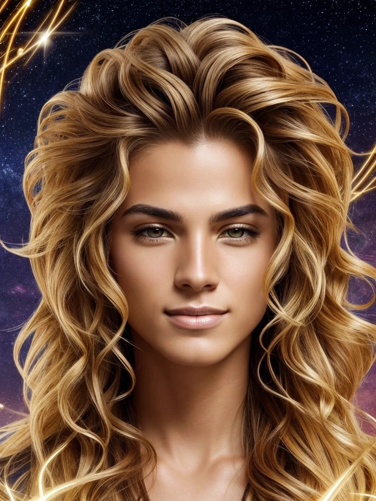 Create a man with unique characteristics, inspired by the sign of Leo and the cosmological stars An artistic representation of the essence of this sign, with striking features and a mysterious aura, leave in evidence golden traces of gold and golden lights, yellowish hair like gold and a confident smile Make clear the pride of the sign of Leo in its essence with a long curly and voluminous hair as a representation of the mane