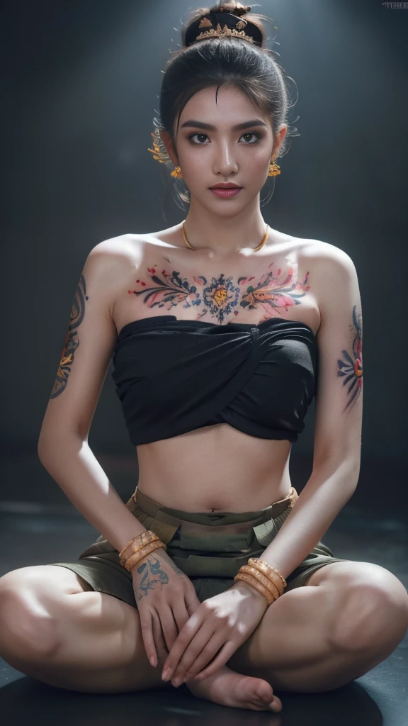 Masterpiece, Highest quality, HDR, high contrast,    ((beautiful girl, Thai female soldier)),   ((skin tattoo)).   Bun hair,  Highly detailed lips,     Detailed eyes,     Double eyelids,    Makeup.    

((Thai Fluke Set, Strapless shirt)),

Long legs_full body.    sit down.    Under the floor.   ((dark background))