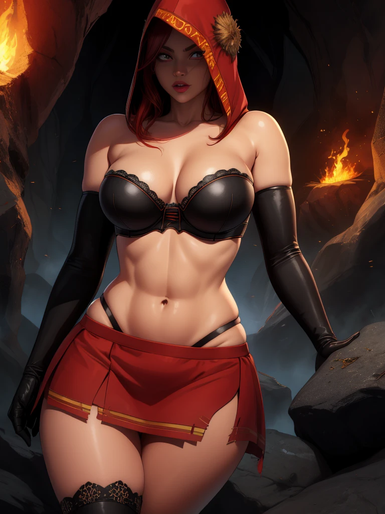 Dsorceress, redhair, shadowy face,dark cave, fire, hood, shadowed face, strapless bra, slim and athletic body, miniskirt, no panty, elbow gloves, dark skin, 1 girl (insanely detailed, masterpiece, best quality)
