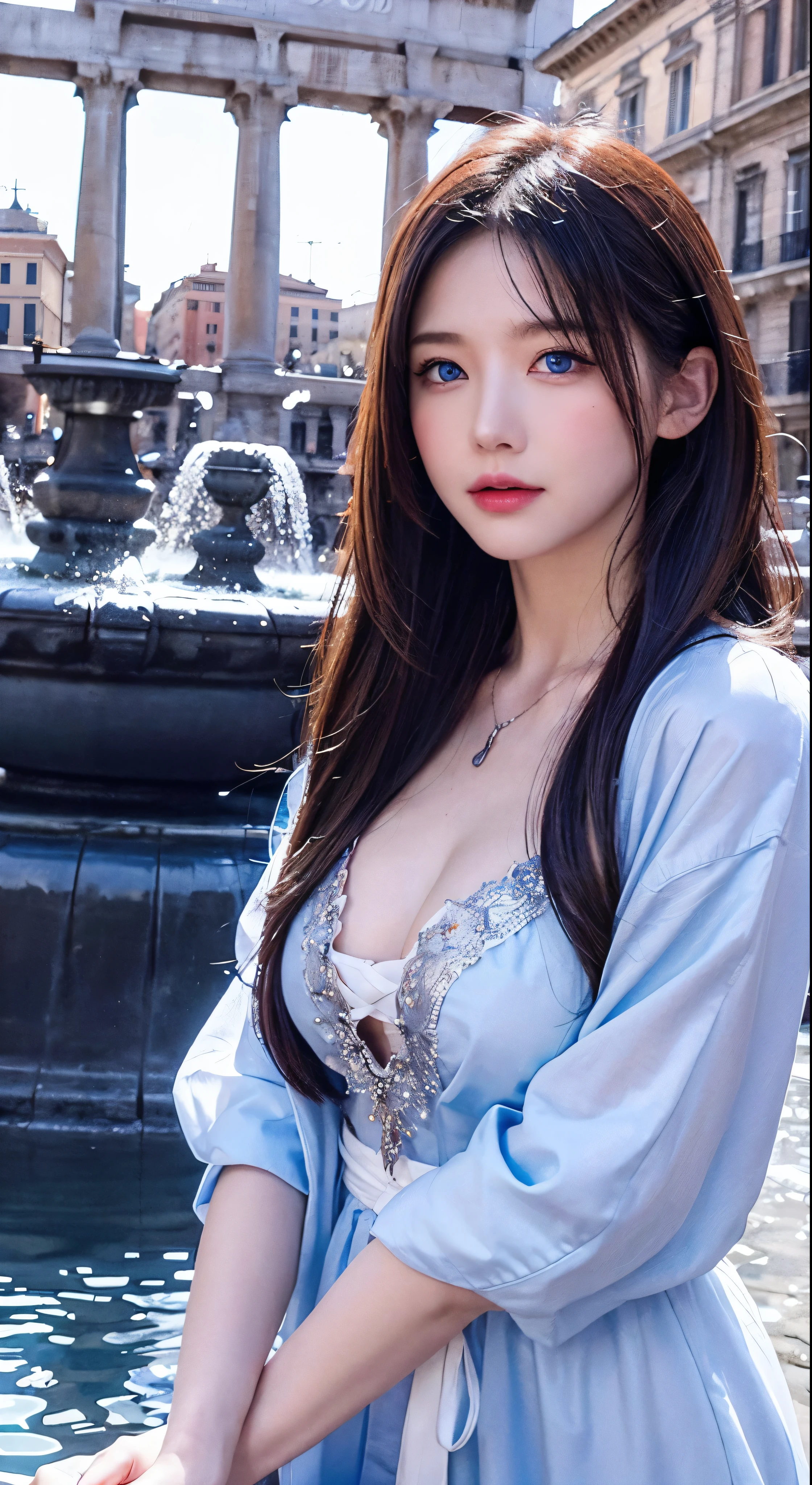 Rome、(Realistic)、Watercolor、Highest quality、Dynamic Colors、a lot of people、Fountain square、Character Portraits、blue eyes、　Near the spring、landscape、Clear skies、Red color、Chain connected to a ring、Digital Painting、Ultra-high resolution