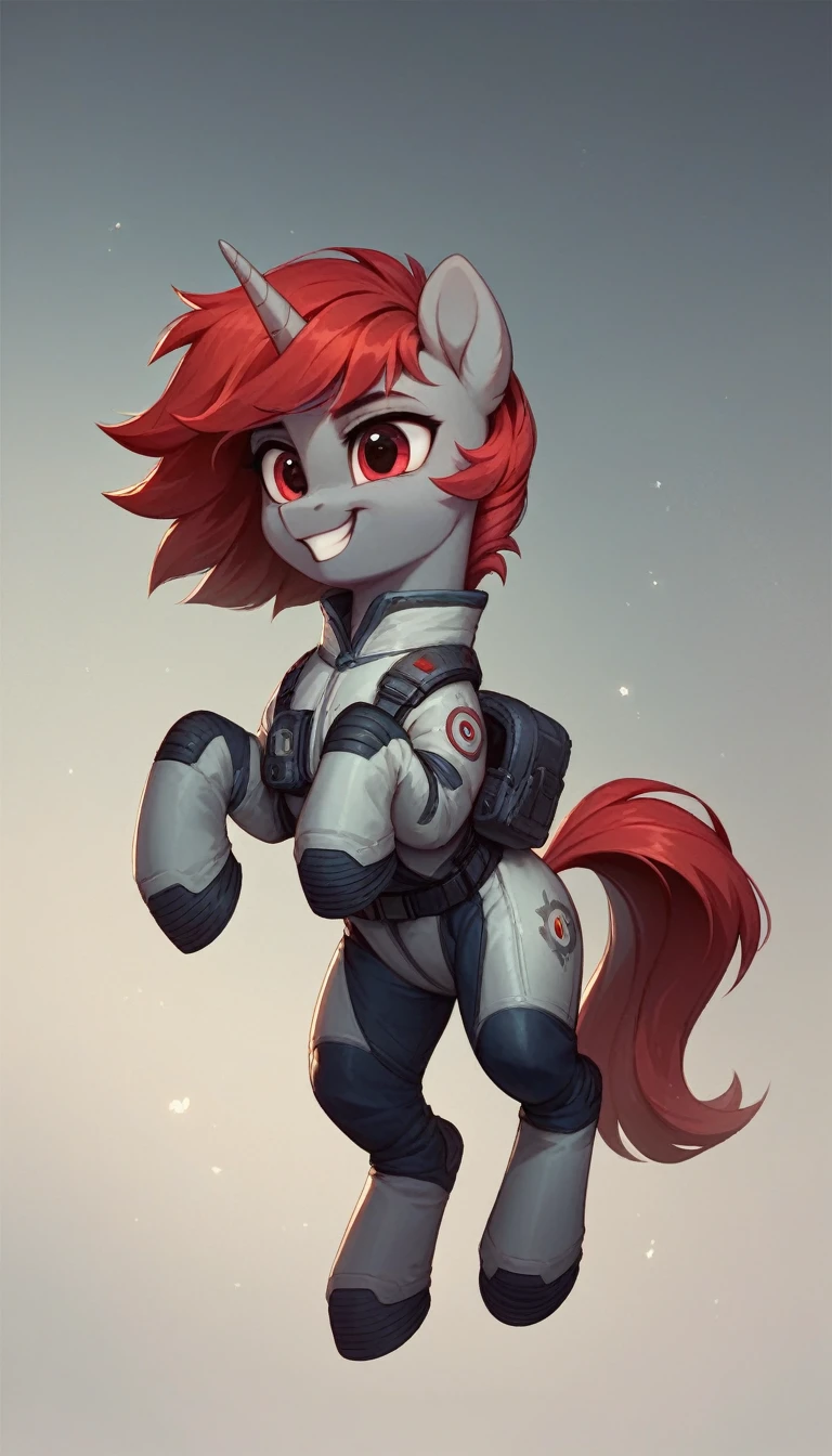 A beautiful brutal pony from My Little Pony unicorn with dark gray fur stallion, red eyes, red mane, stallion, dressed in a futuristic red-and-gray space suit, full-length, looking at the camera, a big smile