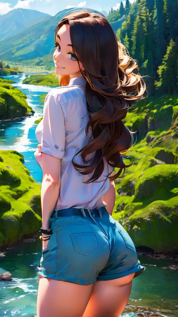 High Resolution, Masterpiece, High Quality, High Definition, Focus on Face of One Young Woman, Human Figure, Overlooking Large Forest from Back, Mountain Landscape, Forest, Nature, River