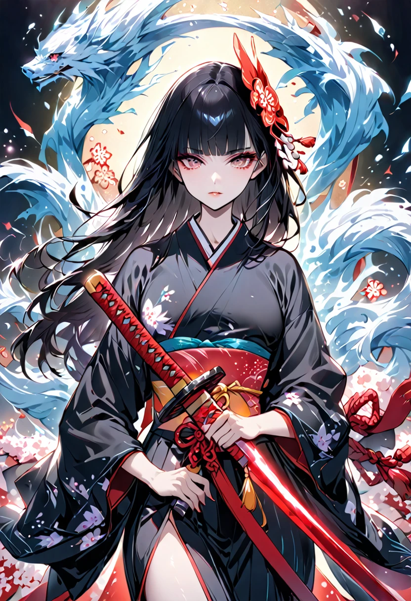 Highest quality、masterpiece、High resolution、masterpiece、4K 、Long black hair、Bangs、Ice Element、Japanese clothing、Hanafuda、with a sword、A pale, shining Japanese sword、in the style of vibrant neo-traditional