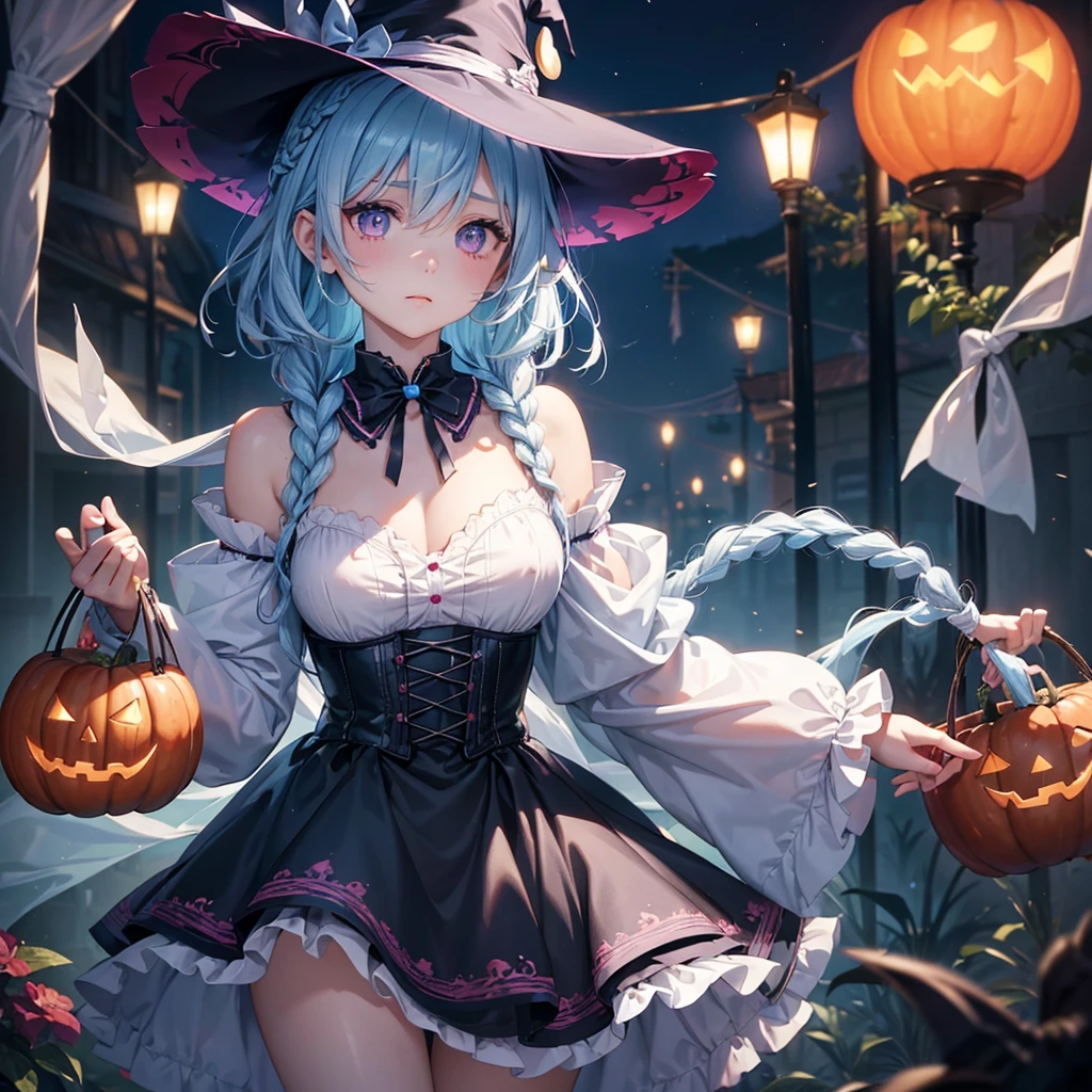 (Light blue medium hair:1.2),(Braided hair:1.2)、Pink eyes、Fair skin、cowboy shot、Halloween、The background is a pumpkin ghost、Crescent Moon、Trick or Treat、A lot of sweets、witch、Halloween night、Candy、many bat、Condescending expression、solo、(masterpiece、Highest quality、Very detailed、Best Shadow)、(Detailed Background)、(Beautifully detailed face)、High contrast、(Best lighting、Very delicate and beautiful)、(Cinematic Light)、colorful、Hyper Detail、Dramatic Light、Exquisite detail、