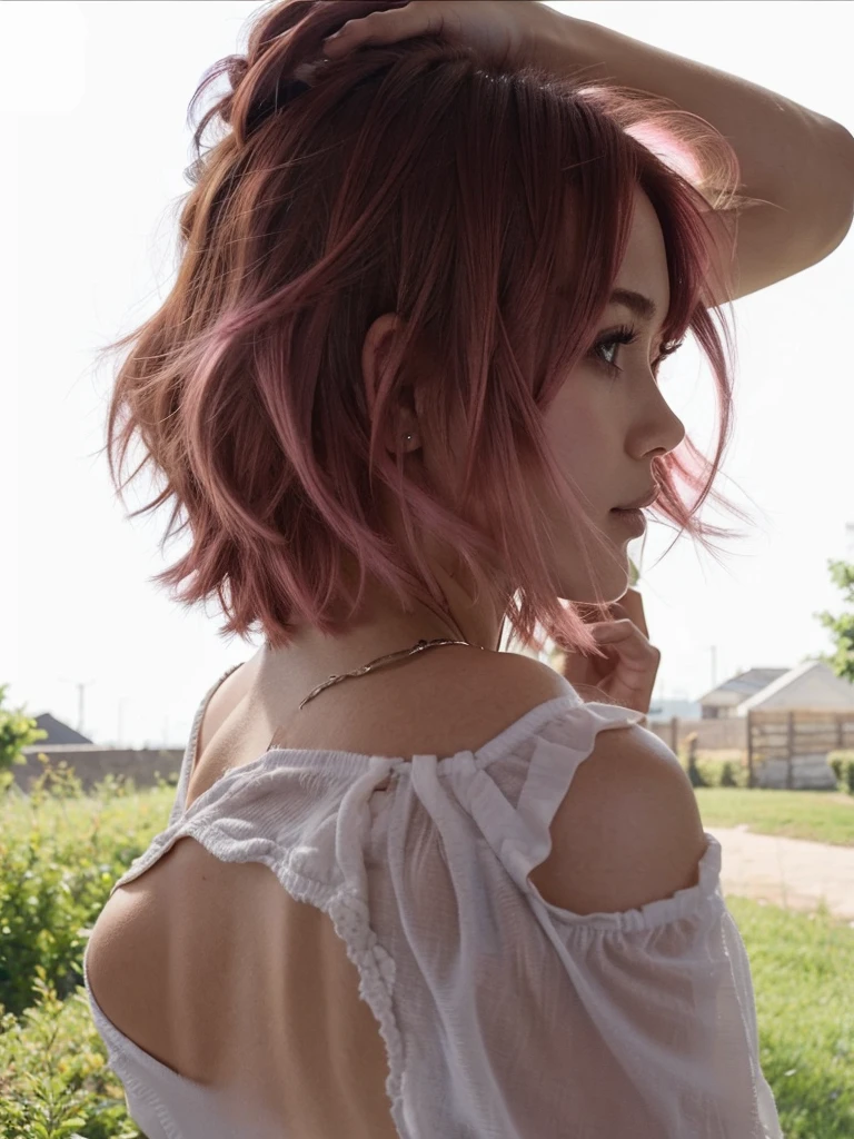 girl, , short shoulder-length hair, pink hair color,