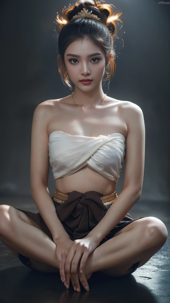 Masterpiece, Highest quality, HDR, high contrast, ((beautiful girl, Thai female soldier)), Bun hair, Highly detailed lips, Detailed eyes, Double eyelids, Makeup.
((Thai Fluke Set, Strapless shirt)),
Long legs_full body. sit down. Under the floor. ((dark background))