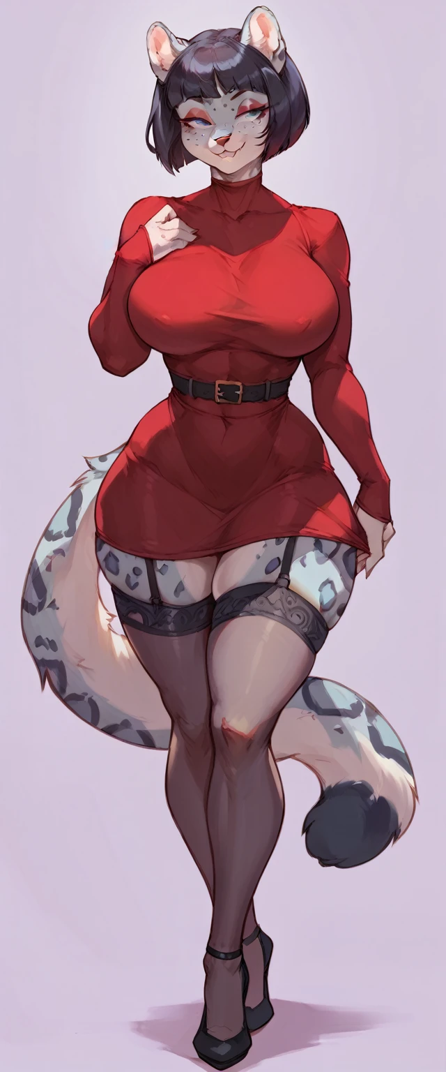 (solo) female anthro snow leopard, black short hair bob cut, snow leopard, (big breasts:1.5), attractive, red santa strapeless dress , grey garter belt tights fit body, snow leopard tail,, thicc, freckles, freckles on face, smug eyes, (happy expression), she is standing look to the viewer , violet background, simple background, thick thighs (front view) high heels